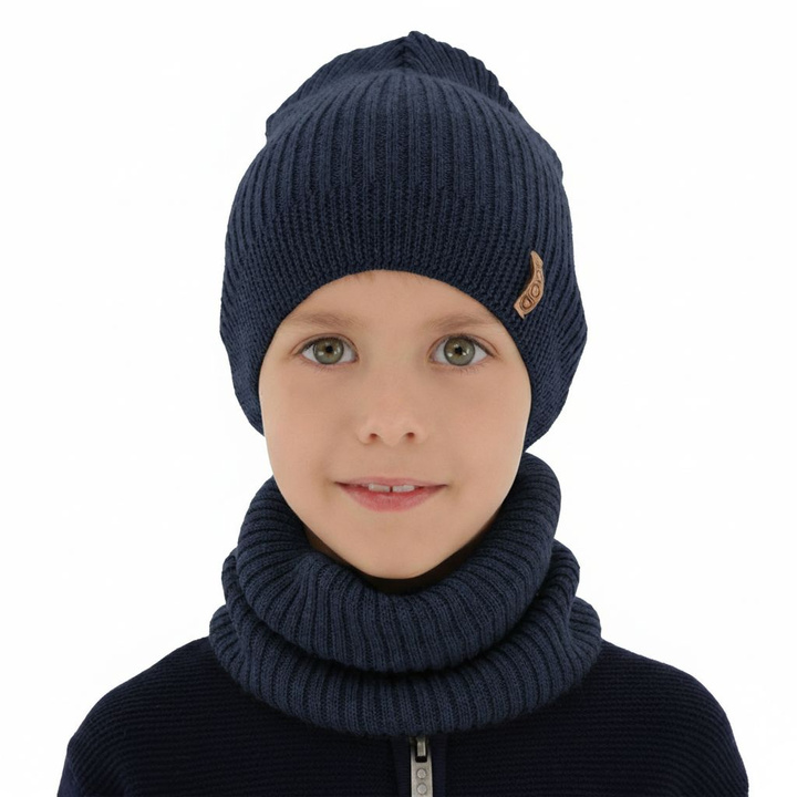 Ensemble automne/printemps garçon: bonnet et snood, bleu foncé, avec laine mérinos, Chester