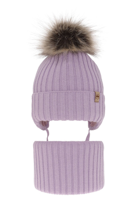 Ensemble d'hiver fille: bonnet et snood, violet, avec pompon, avec liens, Louisa