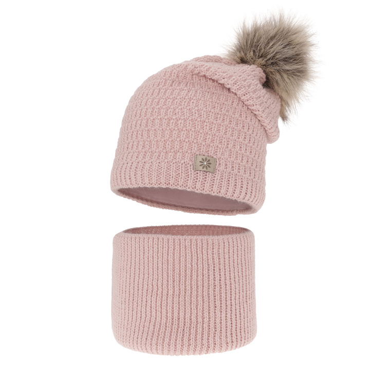 Ensemble d'hiver fille: bonnet et snood, rose, avec pompon, Germina