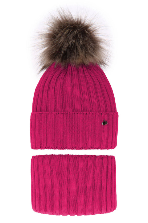Meisjes winter set muts en buissjaal, roze, met garen pompon, Wilma